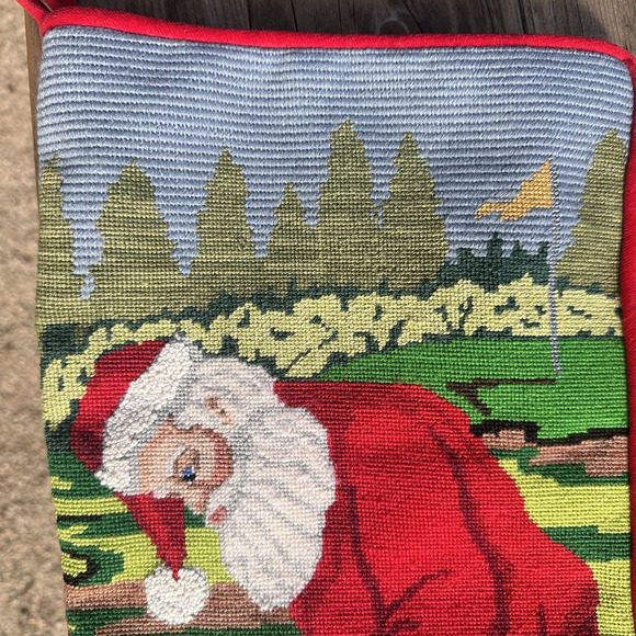 Needlepoint Liz Goodrick Dillon Christmas Stocking Santa Golfer "MARK" COMPLETED - Picture 3 of 13